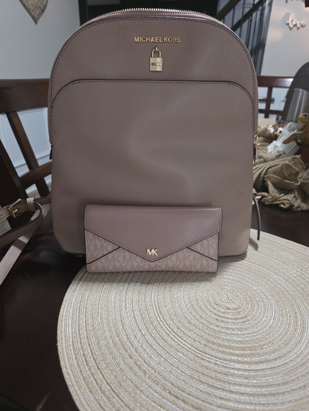 Michael Kors Dusty Rose Taupe Backpack with Matching Wallet Set
